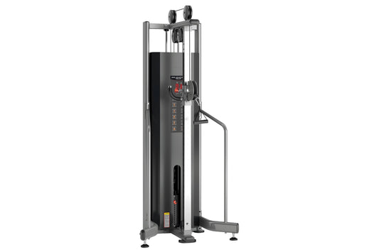 Warrior Deluxe Commercial Series dual pulley machine with gray frame, black weight stack, and foot platform on white backgrou