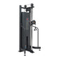 Black cable machine with adjustable pulley system, multiple weight stacks, and handles on white background