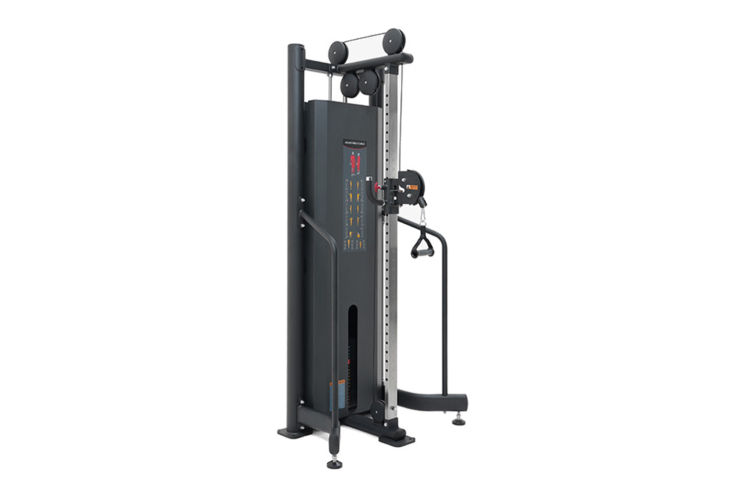 Black cable machine with adjustable pulley system, multiple weight stacks, and handles on white background