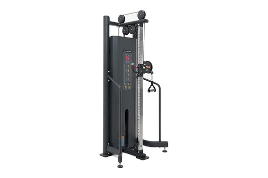 Black cable machine with adjustable pulley system, multiple weight stacks, and handles on white background