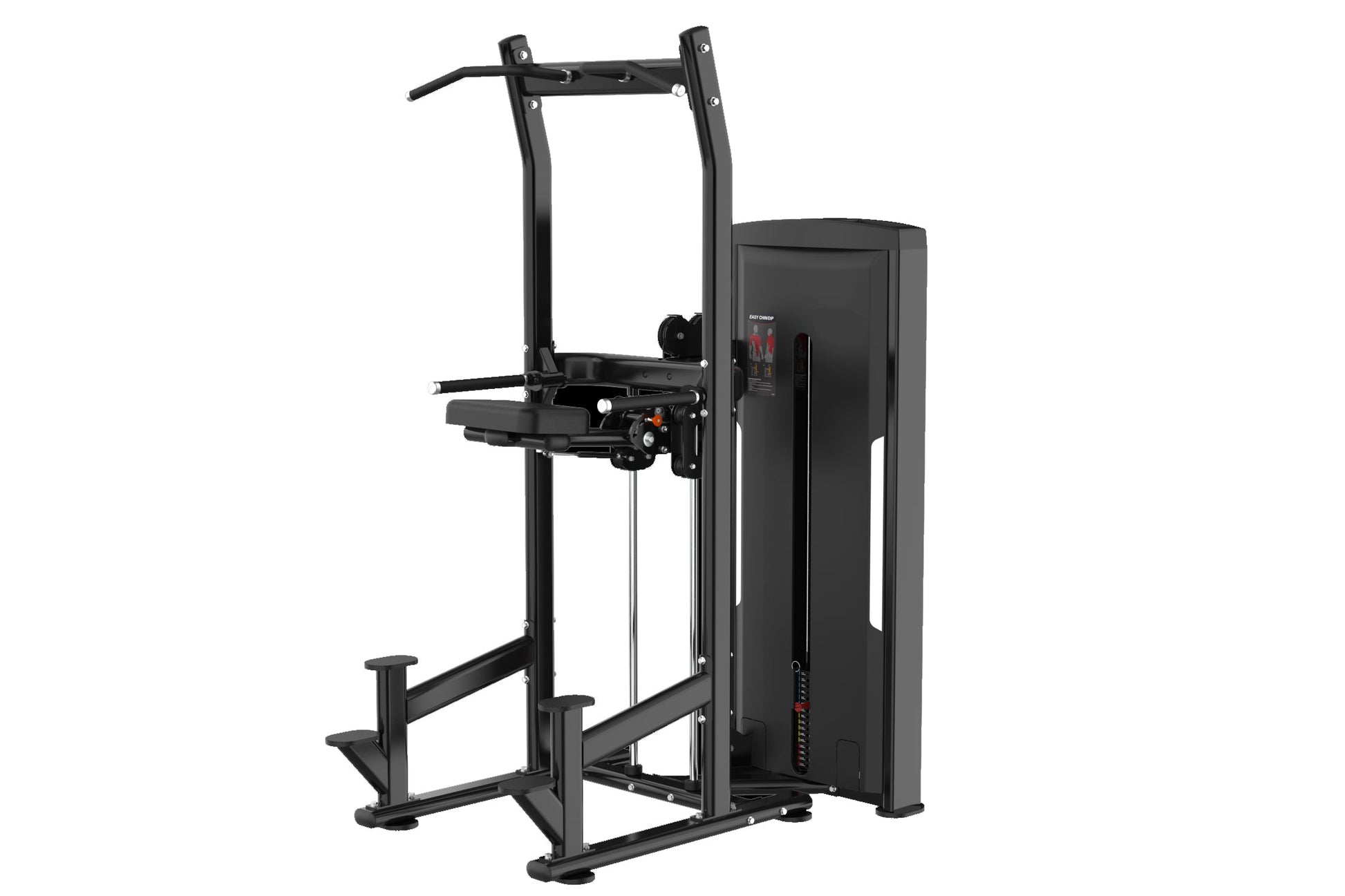 Black commercial assisted chin dip machine with vertical frame, padded seat, and weight stack on white background