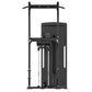 Black commercial assisted chin dip machine with vertical frame, padded seat, hand grips, and digital control panel on white b