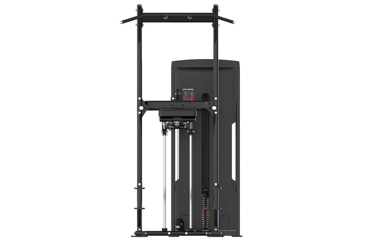 Black commercial assisted chin dip machine with vertical frame, padded seat, hand grips, and digital control panel on white b