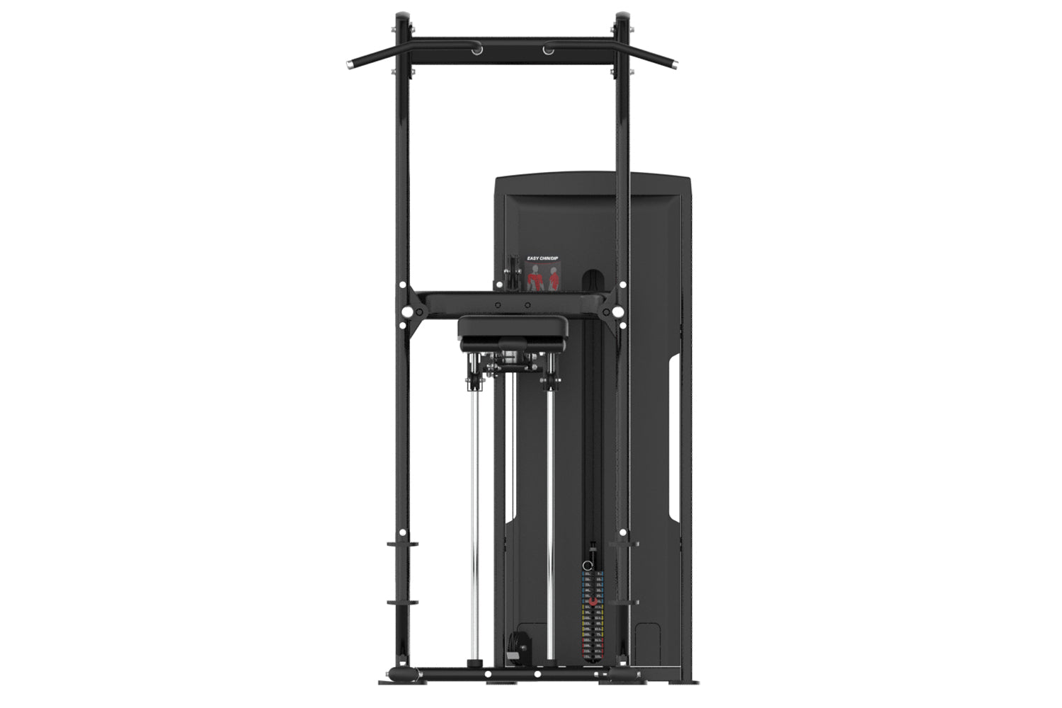 Black commercial assisted chin dip machine with vertical frame, padded seat, hand grips, and digital control panel on white b