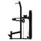 Black metal assisted chin dip machine with dual vertical posts, horizontal support arm, and foot platform on white background