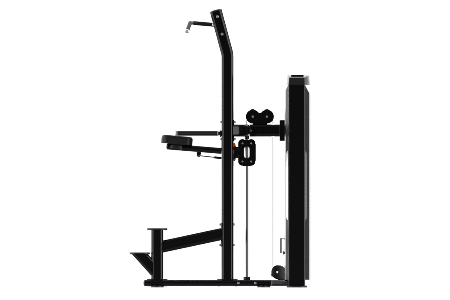 Black metal assisted chin dip machine with dual vertical posts, horizontal support arm, and foot platform on white background