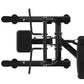 Black commercial chin dip assist machine with padded seat and handles, overhead bar, and foot platform, top view on white bac