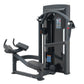 Black commercial rear kick machine with padded footrest, adjustable resistance lever, and digital display screen on white bac