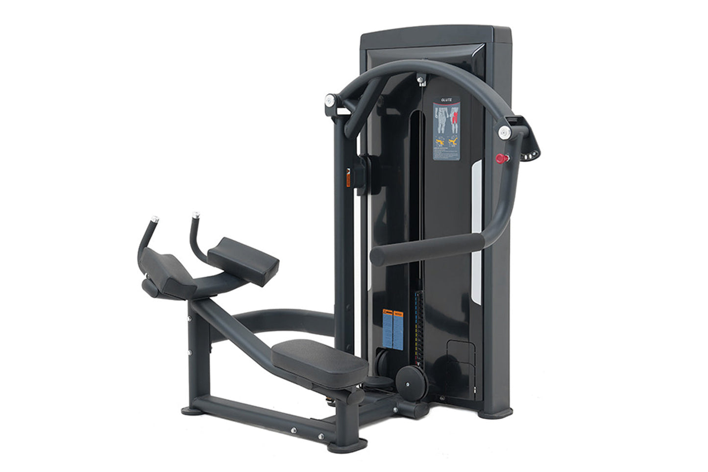 Black commercial rear kick machine with padded footrest, adjustable resistance lever, and digital display screen on white bac