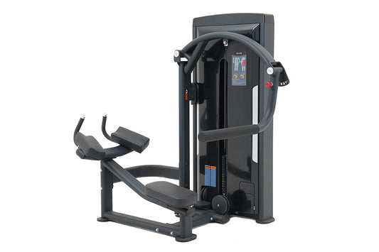 Black commercial rear kick machine with padded footrest, adjustable resistance lever, and digital display screen on white bac