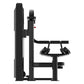 Black commercial leg press machine with padded footplate and backrest, front view on white background