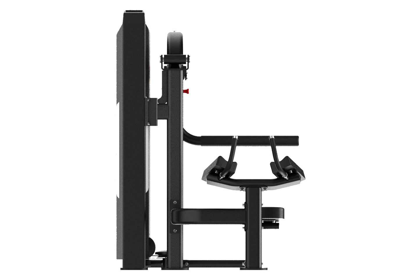 Black commercial leg press machine with padded footplate and backrest, front view on white background