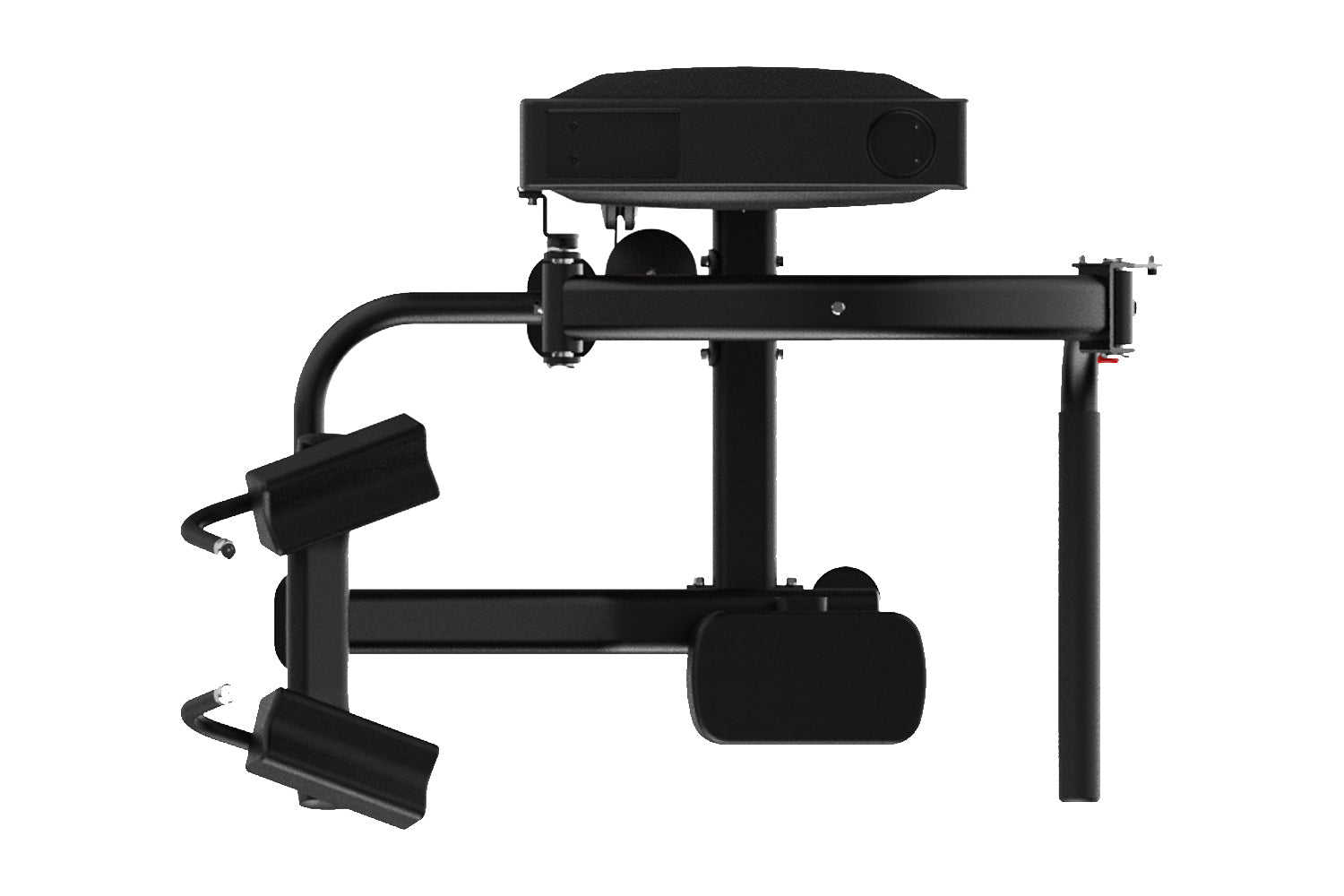 Black commercial rear kick machine with padded footplate, adjustable seat, and metal frame on white background