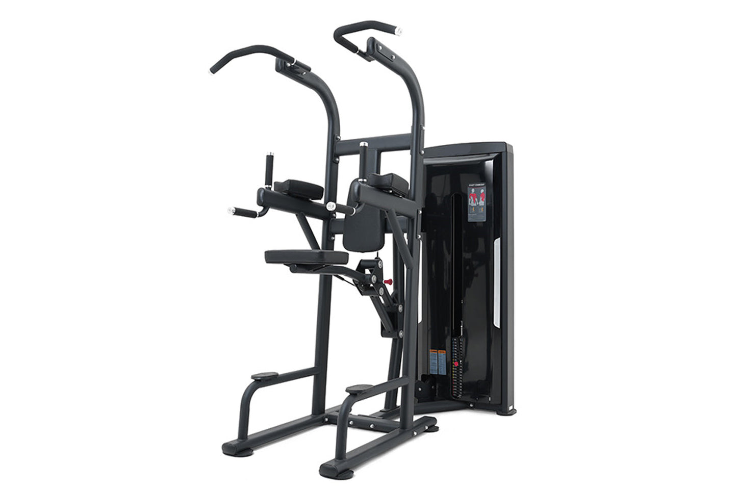 Black commercial assisted chin dip machine with dual handles, padded seat, and control panel on white background