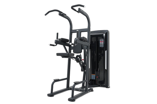 Black commercial assisted chin dip machine with dual handles, padded seat, and control panel on white background