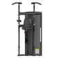 Black commercial assisted chin dip machine with dual handles, padded seat, and digital display on white background