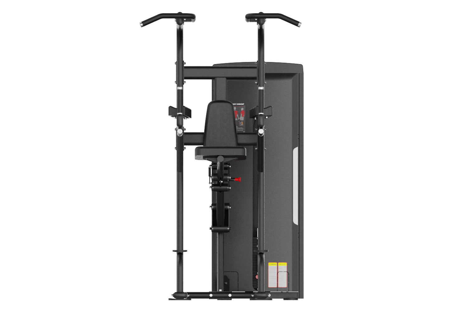 Black commercial assisted chin dip machine with dual handles, padded seat, and digital display on white background