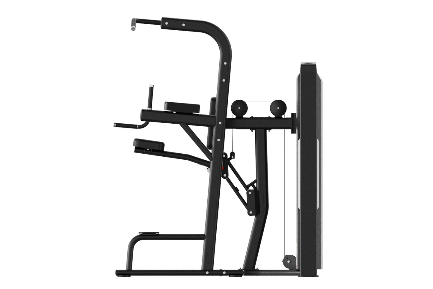 Black commercial assisted chin dip machine with foot platform, dual handles, and weight stack on white background