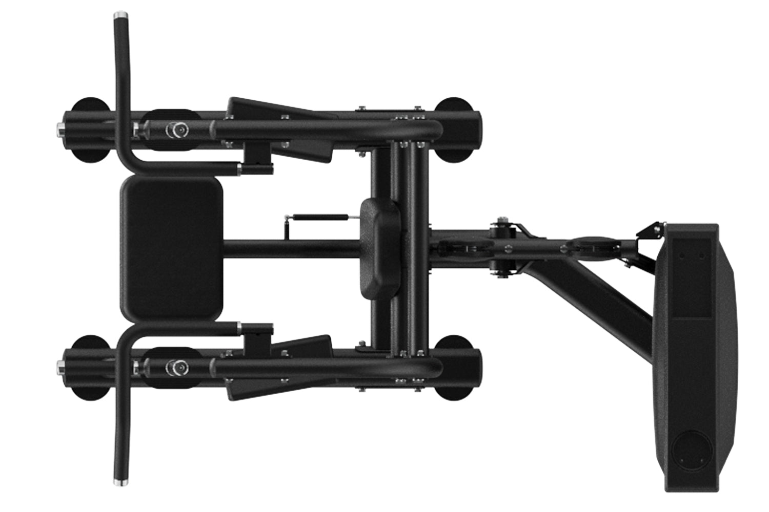 Black commercial assisted chin dip machine with dual handles, padded seat, and foot platform on white background