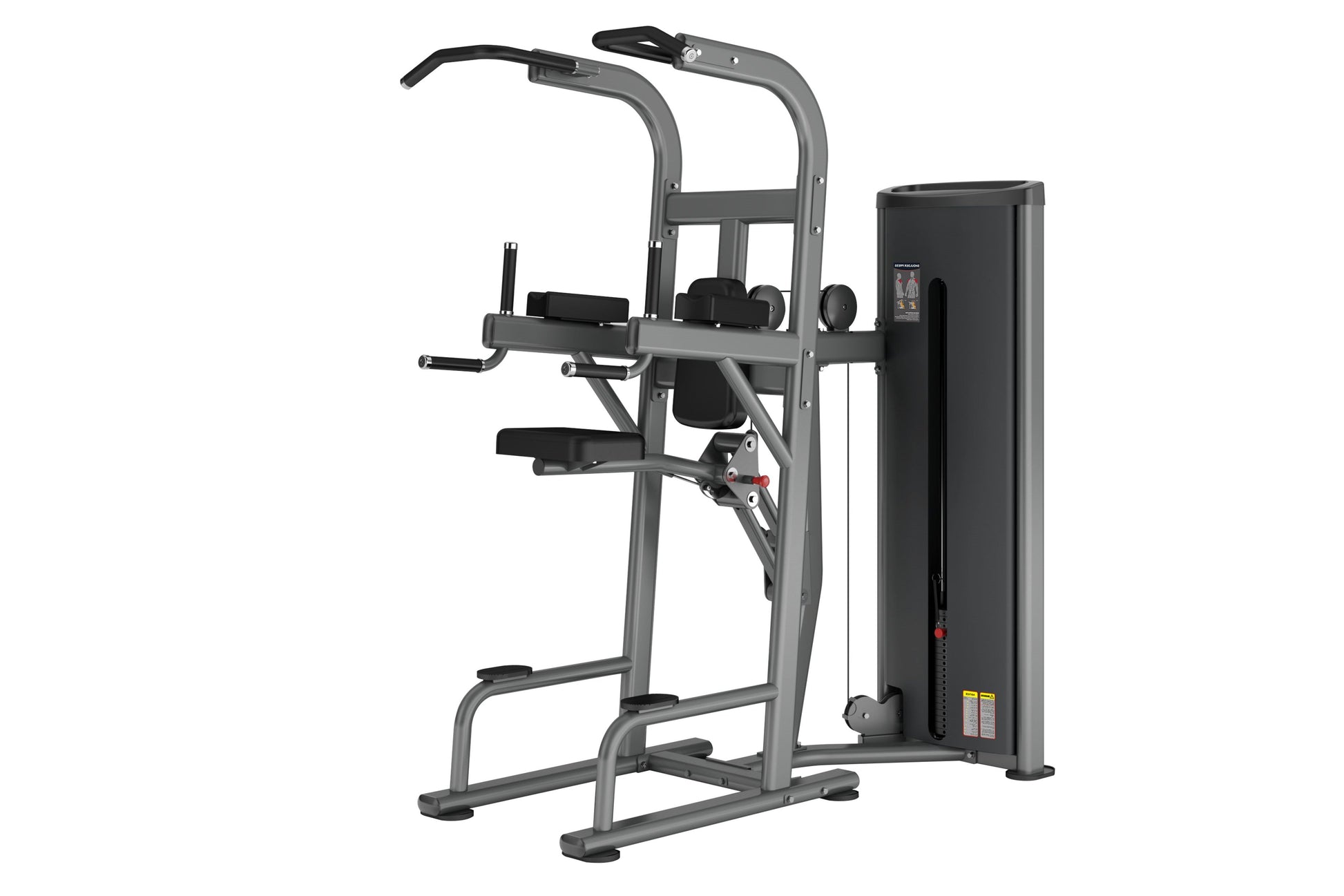 Gray and black commercial assisted chin dip machine with overhead pull handles, foot platform, and weight stack on white back