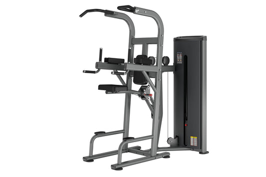 Gray and black commercial assisted chin dip machine with overhead pull handles, foot platform, and weight stack on white back