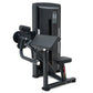 Black commercial biceps curl machine with padded seat and arm rest, digital display screen, on white background