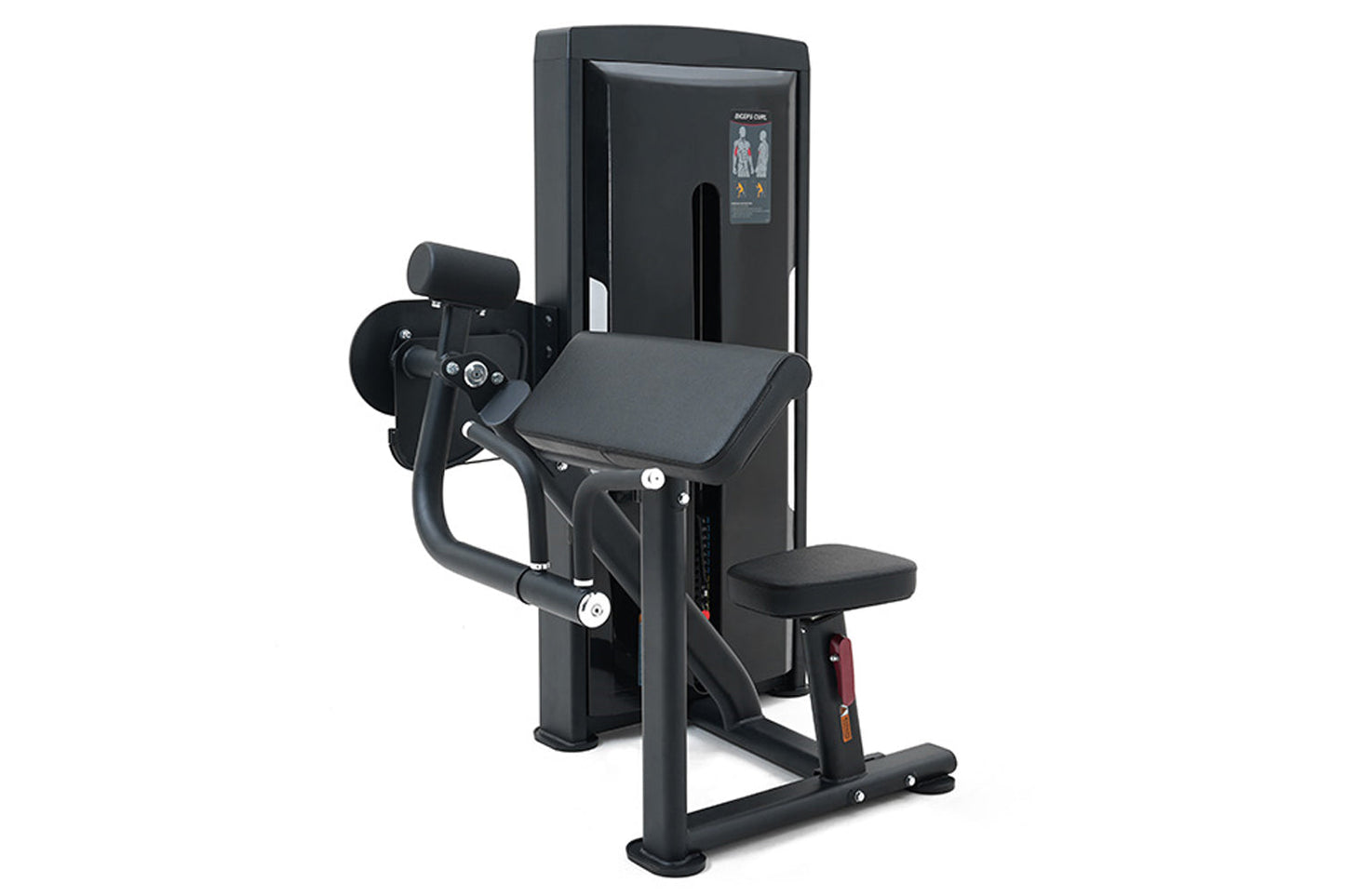Black commercial biceps curl machine with padded seat and arm rest, digital display screen, on white background
