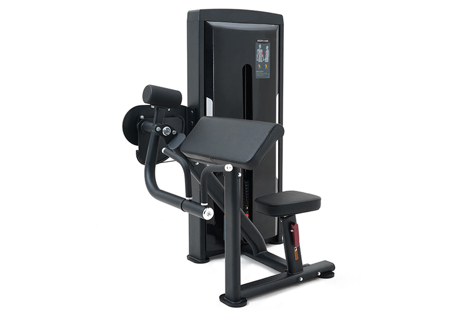 Black commercial biceps curl machine with padded seat and arm rest, digital display screen, on white background
