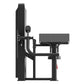 Black commercial biceps curl machine with padded seat and arm supports, side view on white background