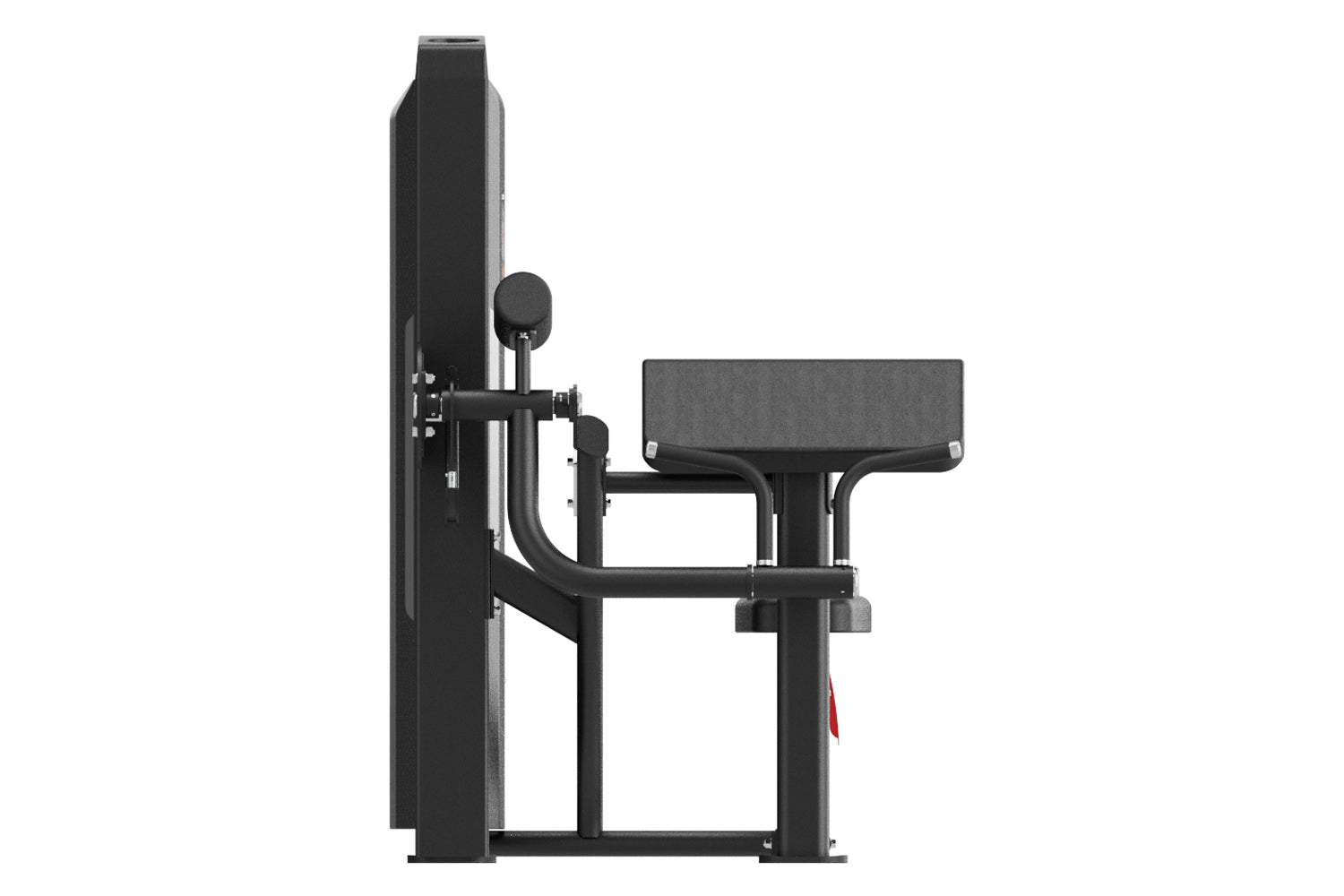 Black commercial biceps curl machine with padded seat and arm supports, side view on white background