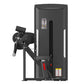 Black commercial biceps curl machine with padded seat, adjustable arm levers, and instruction display on white background