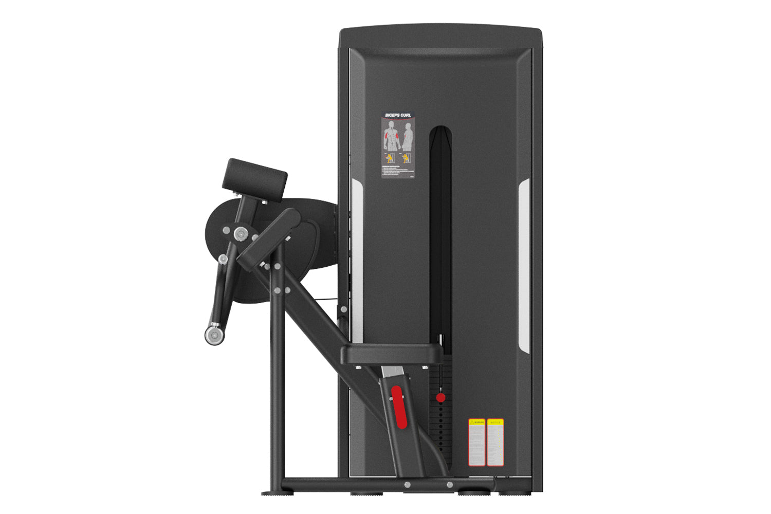 Black commercial biceps curl machine with padded seat, adjustable arm levers, and instruction display on white background