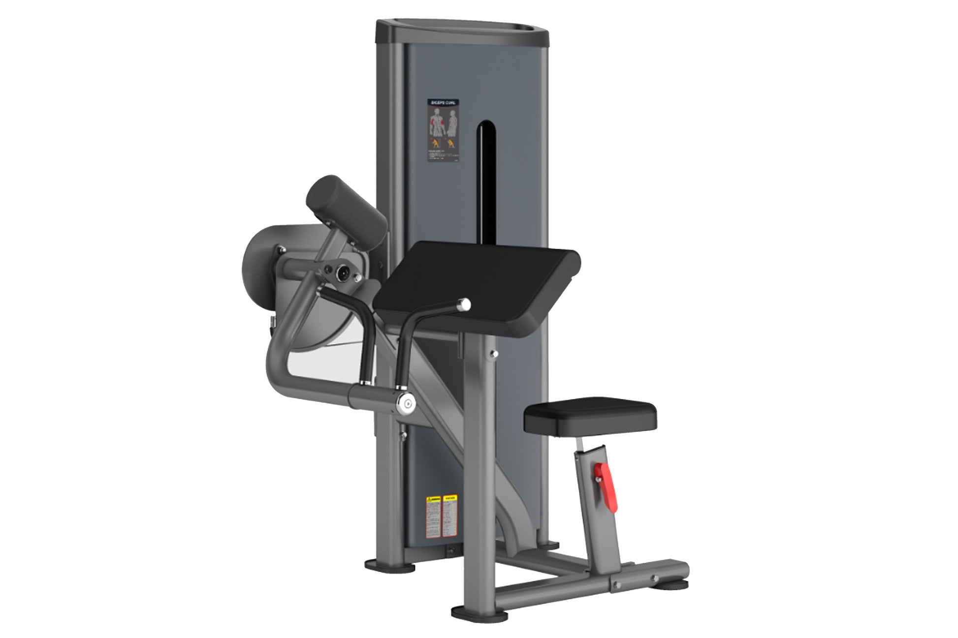 Gray and black commercial biceps curl machine with padded arm lever, black seat, and instruction label on white background