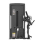 Black commercial biceps/triceps machine with adjustable arm lever, instruction panel, and footrest on white background