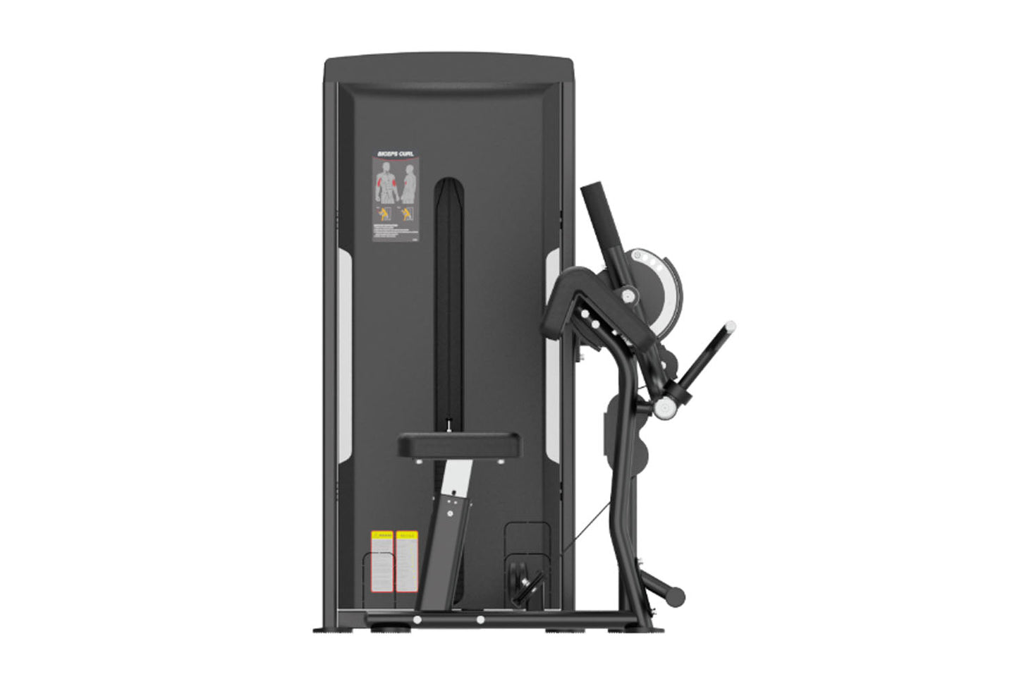 Black commercial biceps/triceps machine with adjustable arm lever, instruction panel, and footrest on white background