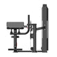 Black multi-station weight machine with padded seat, leg extension platform, and vertical press arm on white background