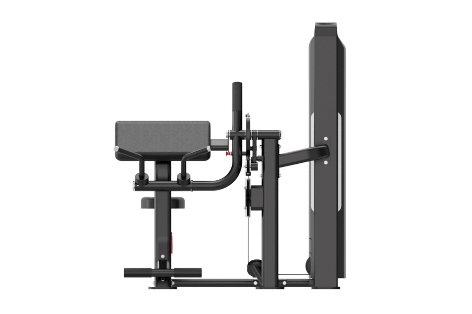 Black multi-station weight machine with padded seat, leg extension platform, and vertical press arm on white background