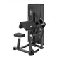 Black commercial biceps and triceps exercise machine with padded seat and backrest, digital display panel, on white backgroun