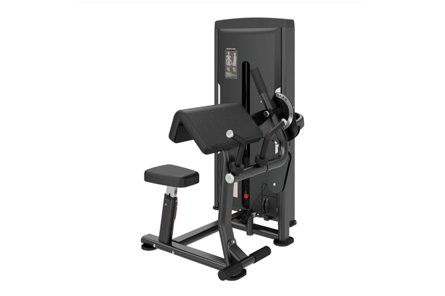 Black commercial biceps and triceps exercise machine with padded seat and backrest, digital display panel, on white backgroun
