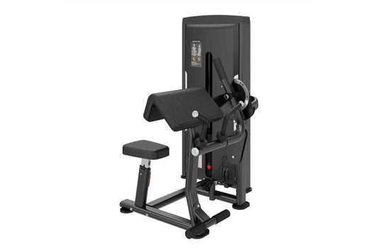 Black commercial biceps and triceps exercise machine with padded seat and backrest, digital display panel, on white backgroun