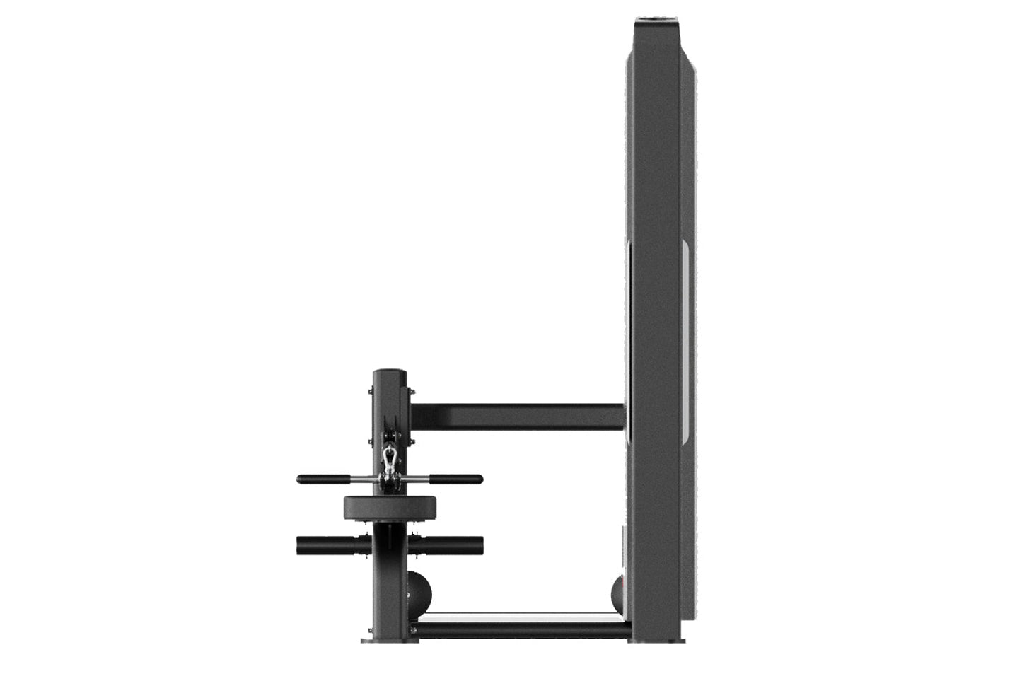 Black commercial cable seated row machine with padded seat, chest pad, and weight stack, side view on white background