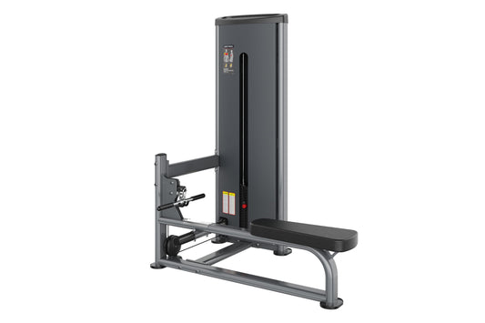 Charcoal gray and black commercial cable seated row machine with padded seat, vertical backrest, and adjustable arm lever on 