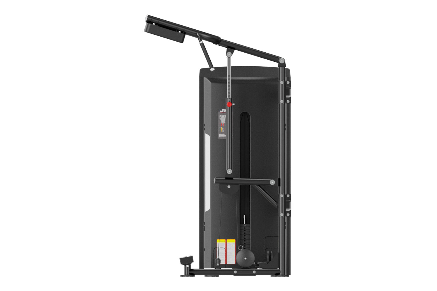 Black commercial calf raise machine with metal frame, angled footplate, and adjustable arm lever on white background