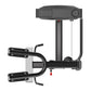 Black commercial calf raise machine with curved footplate, dual foot supports, and control panel mounted on top with adjustme