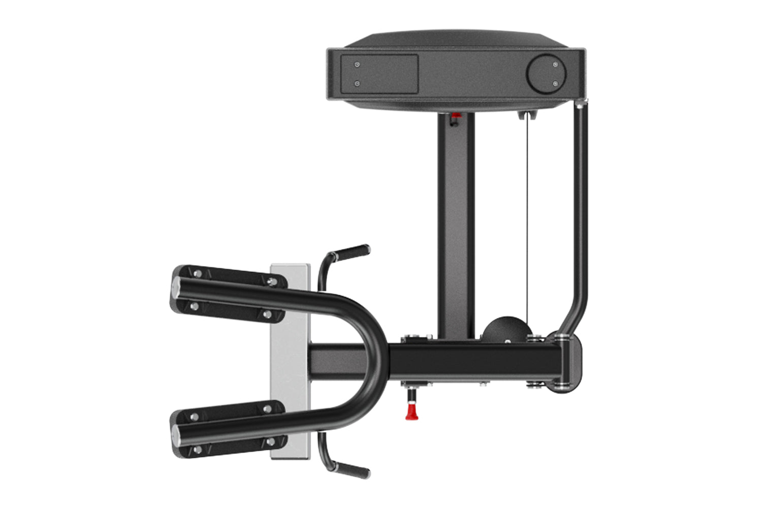 Black commercial calf raise machine with curved footplate, dual foot supports, and control panel mounted on top with adjustme
