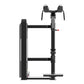 Black commercial calf raise machine with dual foot pedals, padded shoulder supports, and red adjustment lever on white backgr