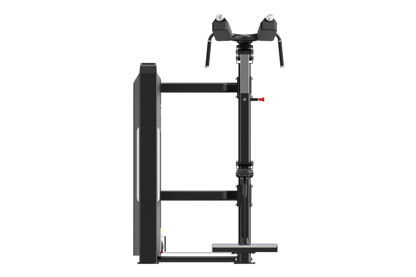 Black commercial calf raise machine with dual foot pedals, padded shoulder supports, and red adjustment lever on white backgr