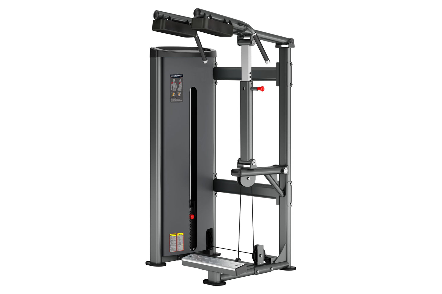 Gray and black commercial calf raise machine with padded shoulder supports, control panel, and red adjustment knob on white b