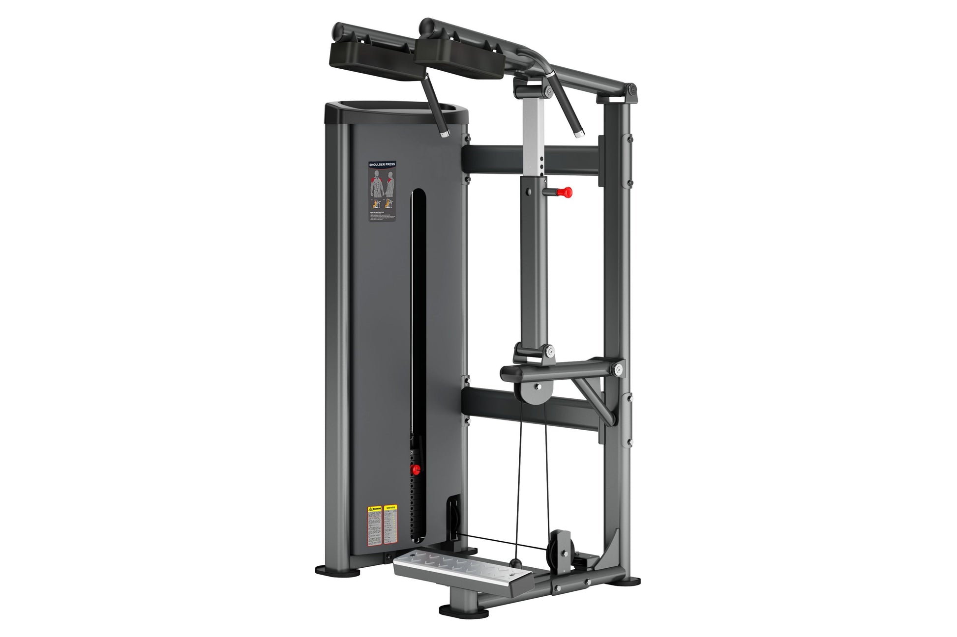 Gray and black commercial calf raise machine with padded shoulder supports, control panel, and red adjustment knob on white b