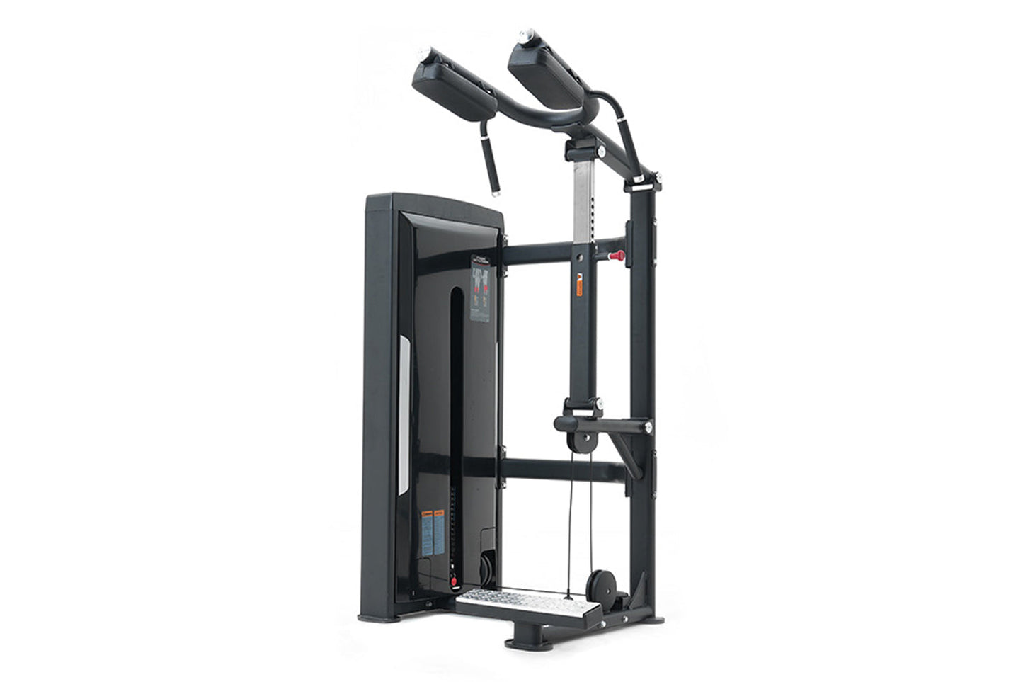 Black commercial calf raise machine with dual padded shoulder supports, adjustable height frame, and footplate on white backg